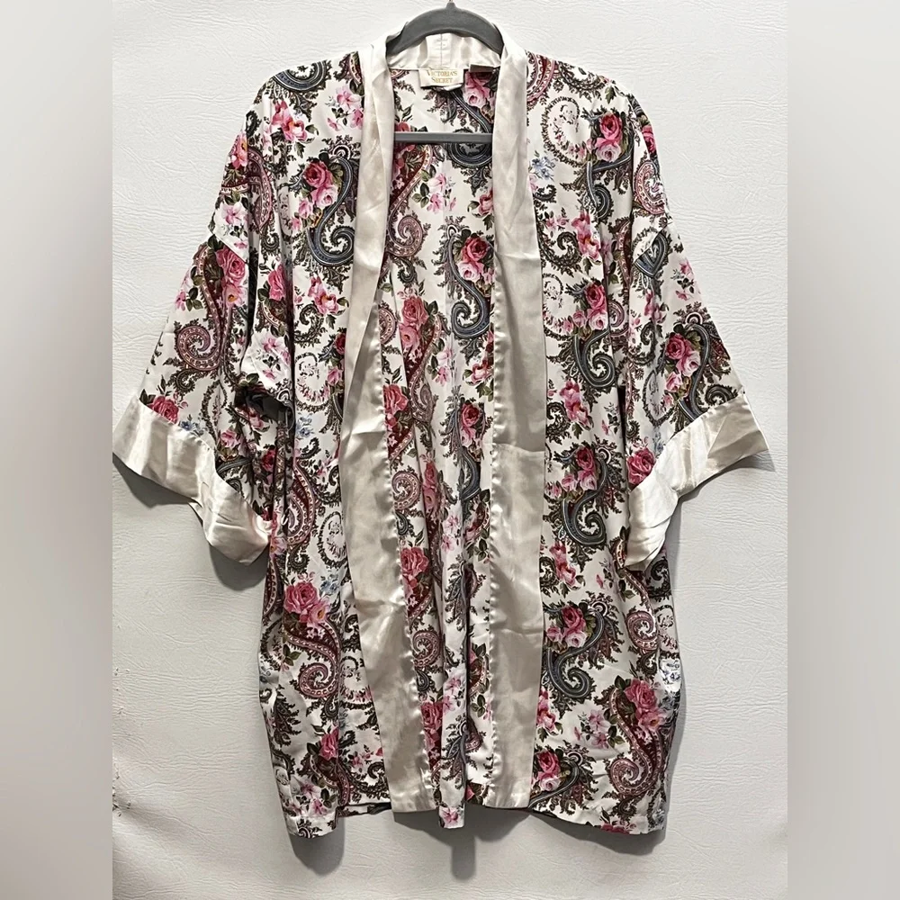 Vintage Gold Label Victoria's Secret Floral Paisley Satin-Trim Kimono Robe